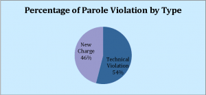 chart detailing the percentage of parole violations by type, either new charge or technical violation